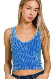 2 WAY WASHED RIBBED TANK TOP OCEAN BLUE
