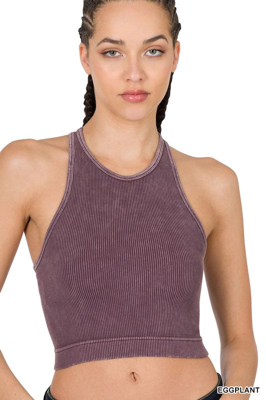 WASHED RIBBED SEAMLESS CROPPED TANK TOP egg plant 1378