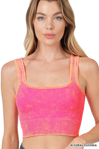 WASHED RIBBED SQUARE NECK CROPPED TANK TOP n coral fuchsia
