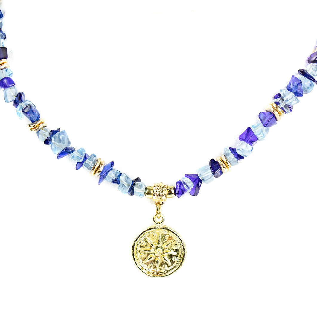 Choker Necklace in Uncut Blue Glass with Brass Pendant