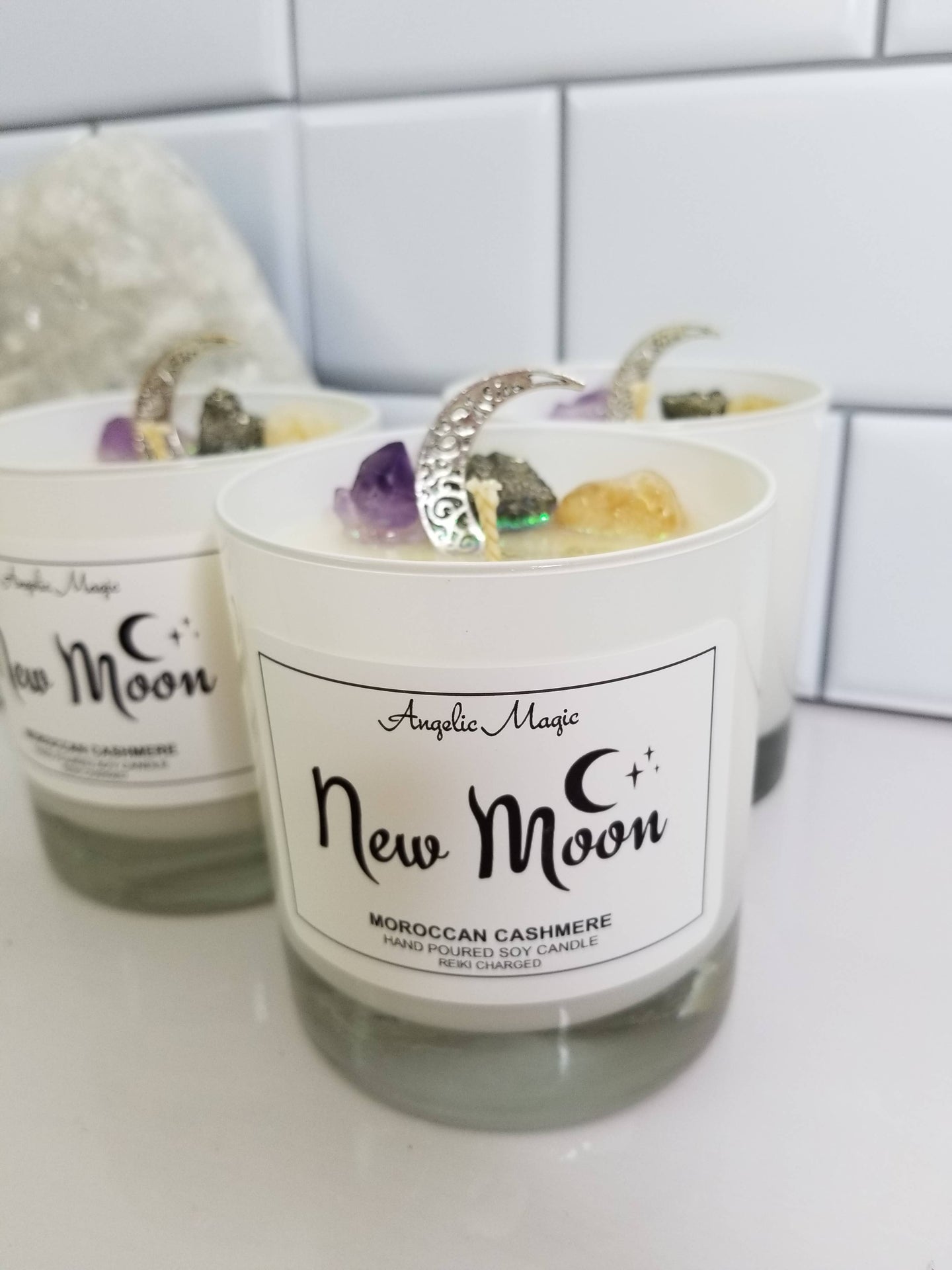 New Moon Crystal Soy Candle, Pyrite, Amethyst, Citrine