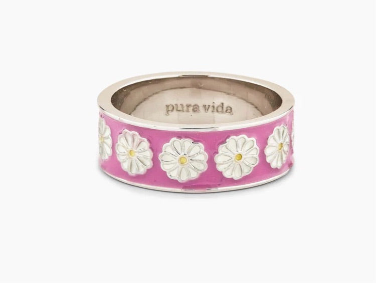 Dreamy daisy ring dark pink and silver Pura vida
